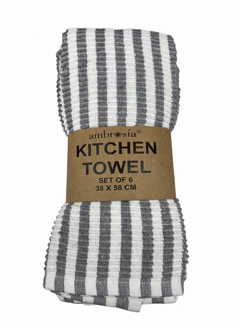 Ambrosia 38 x 58 cm 100% Cotton Grey Stripes Kitchen Towels Set of 6, Highly Absorbent Terry Weave Dish Drying Cloths, Reusable Multipurpose Cleaning Towels - Image 1